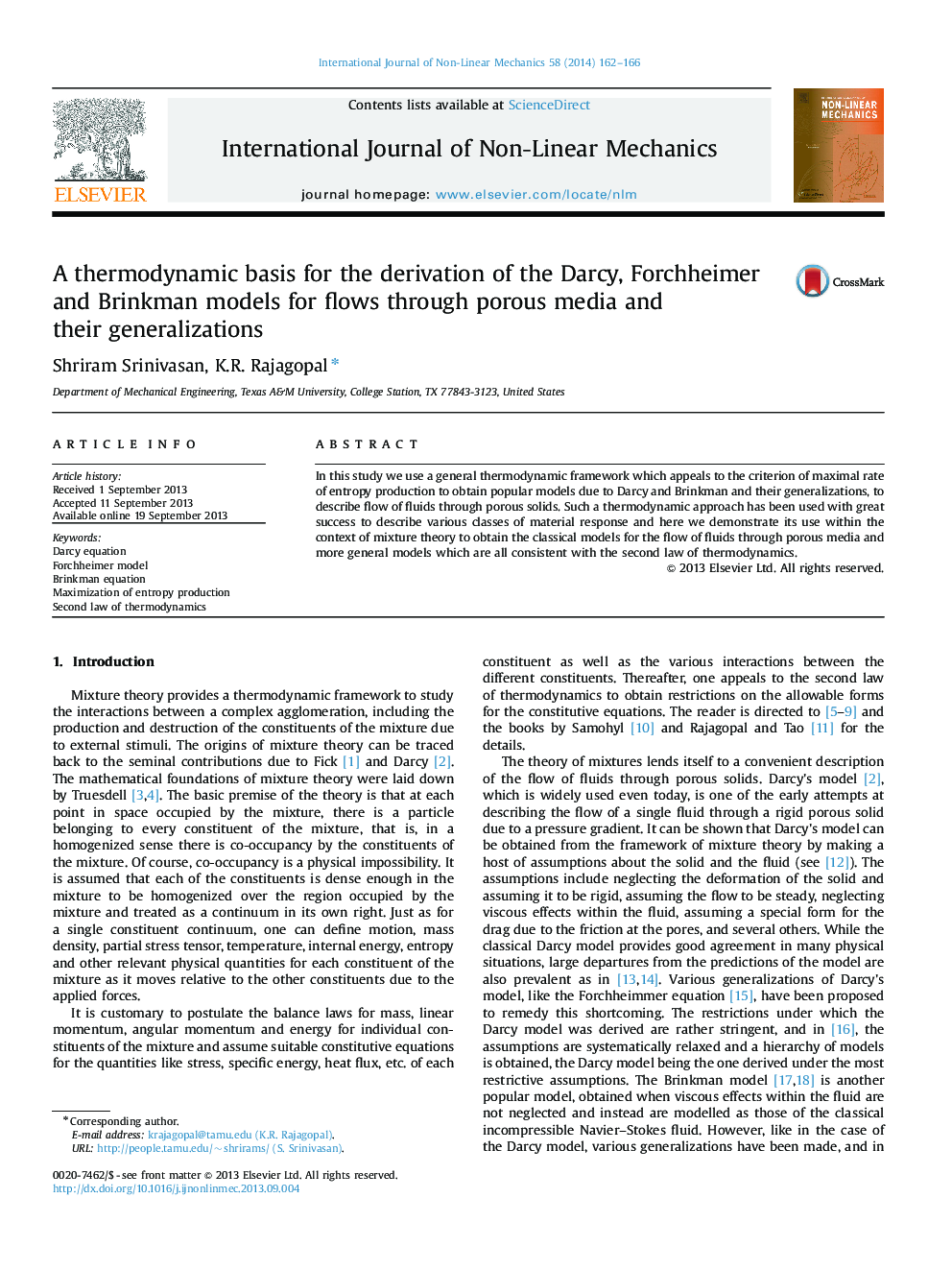 A thermodynamic basis for the derivation of the Darcy, Forchheimer and Brinkman models for flows through porous media and their generalizations