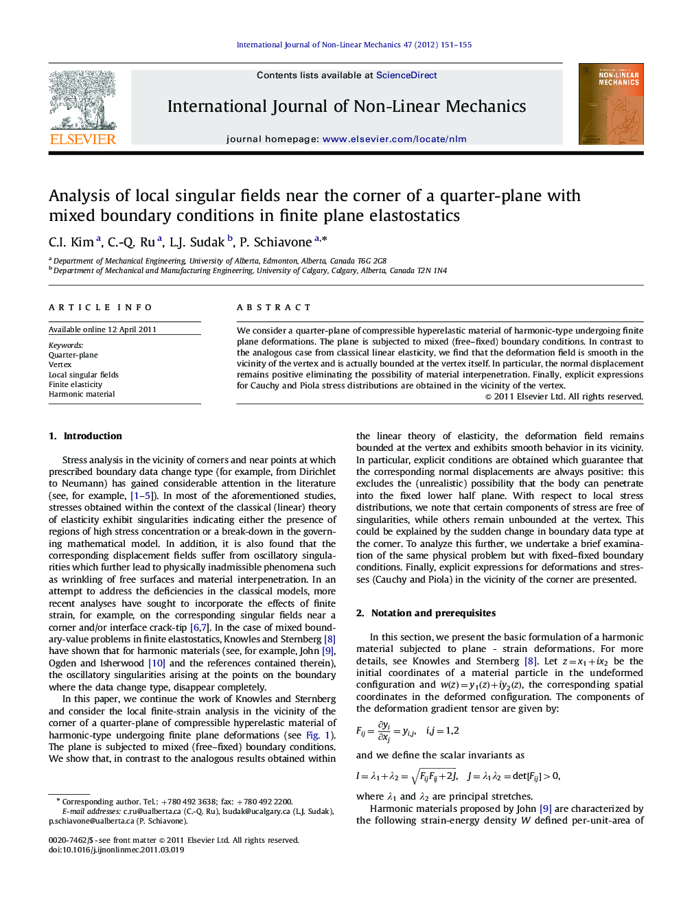 Analysis of local singular fields near the corner of a quarter-plane with mixed boundary conditions in finite plane elastostatics