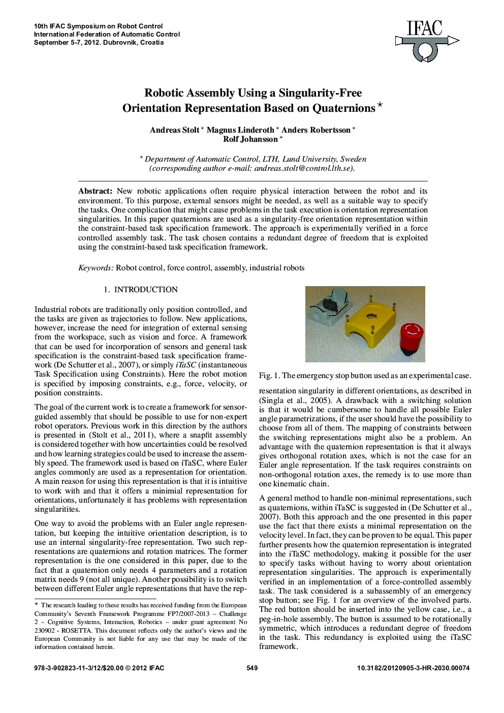 Robotic Assembly Using a Singularity-Free Orientation Representation Based on Quaternions 