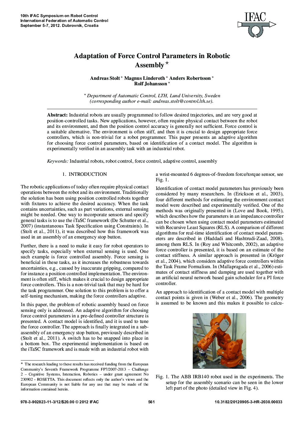 Adaptation of Force Control Parameters in Robotic Assembly 