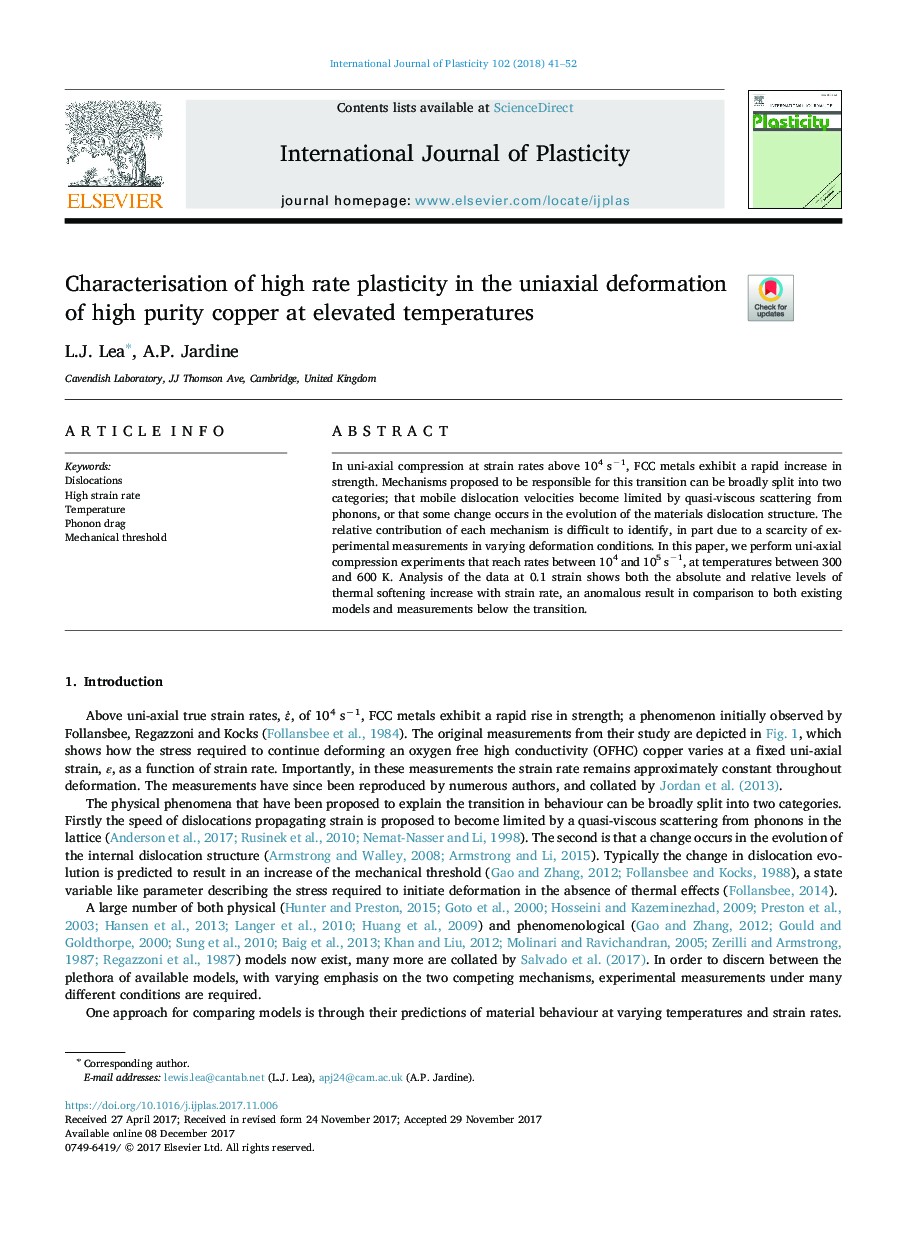 Characterisation of high rate plasticity in the uniaxial deformation of high purity copper at elevated temperatures