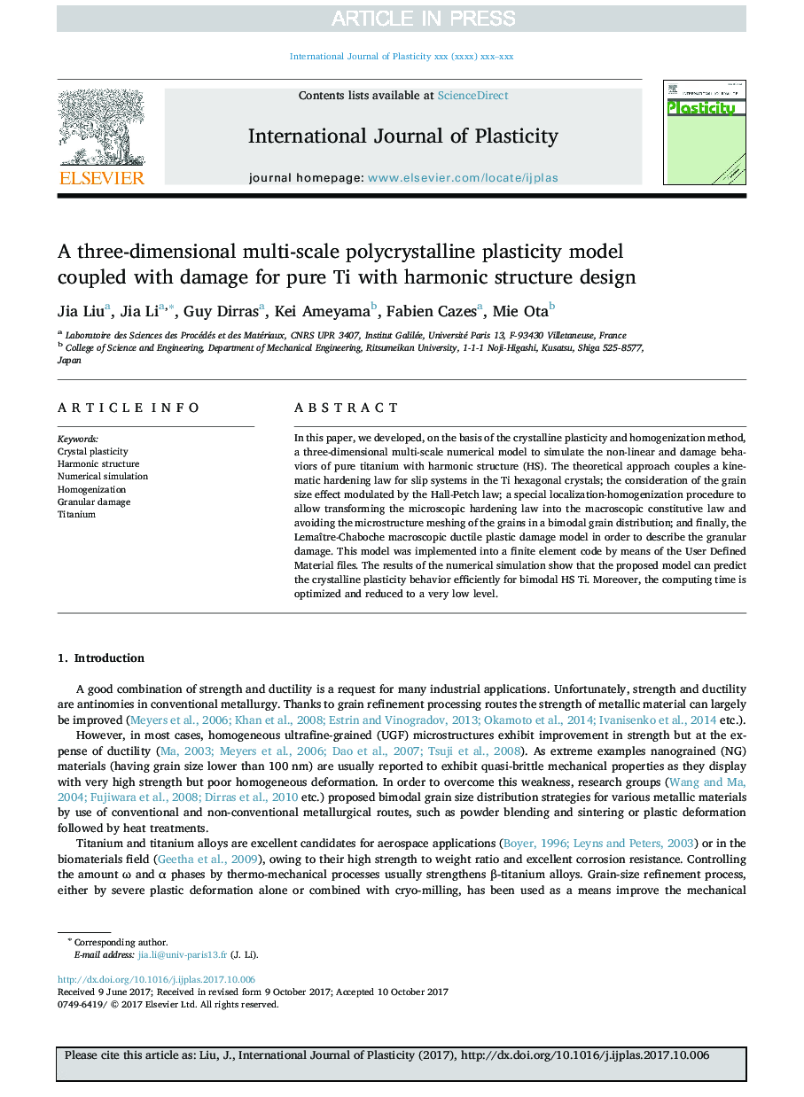 A three-dimensional multi-scale polycrystalline plasticity model coupled with damage for pure Ti with harmonic structure design