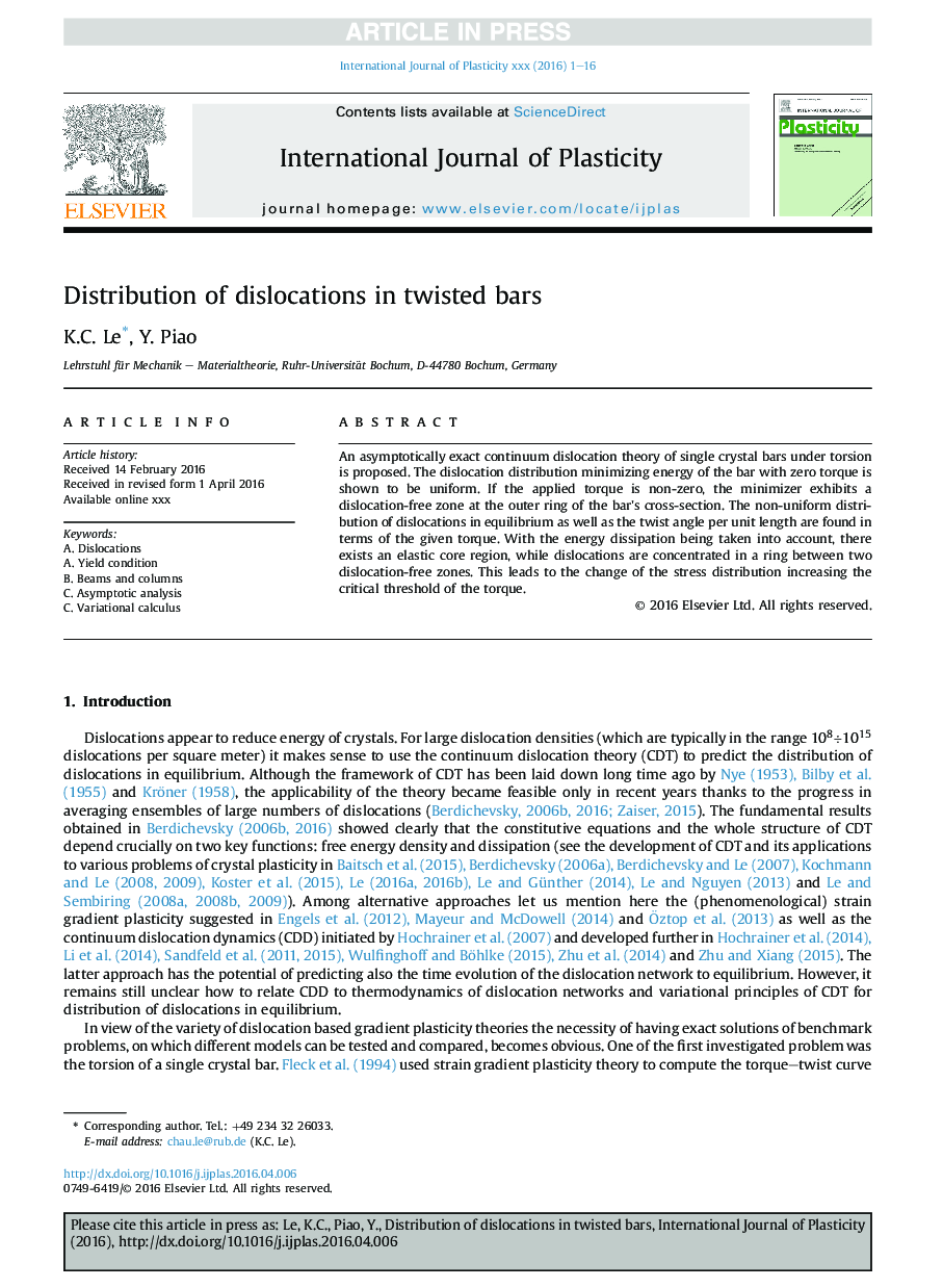 Distribution of dislocations in twisted bars