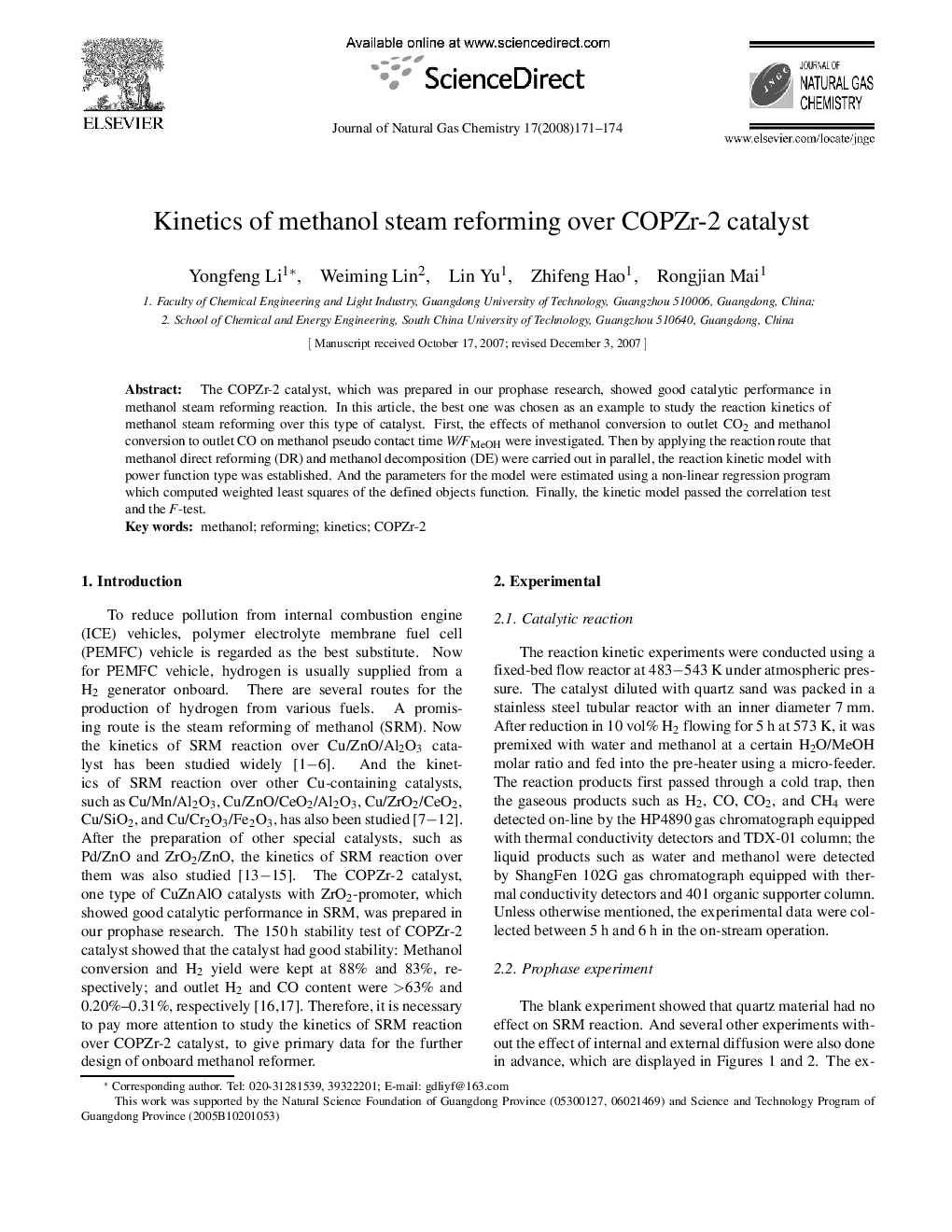 Kinetics of methanol steam reforming over COPZr-2 catalyst 