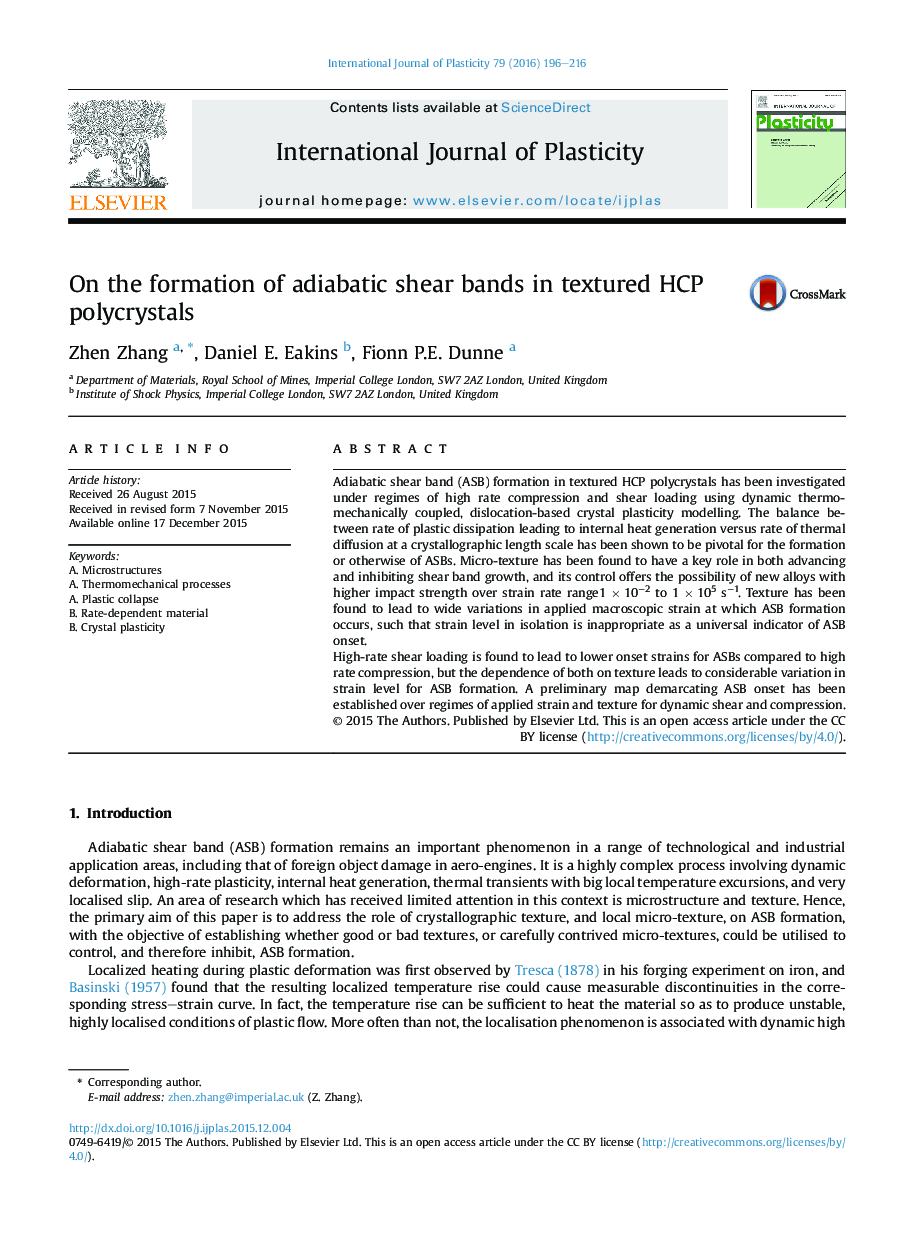 On the formation of adiabatic shear bands in textured HCP polycrystals