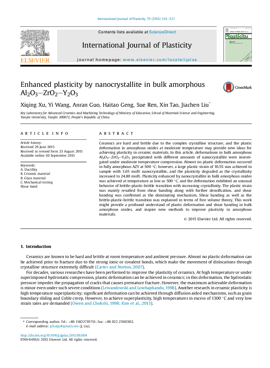 Enhanced plasticity by nanocrystallite in bulk amorphous Al2O3-ZrO2-Y2O3