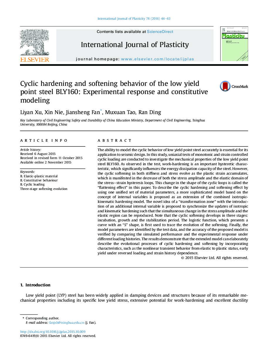 Cyclic hardening and softening behavior of the low yield point steel BLY160: Experimental response and constitutive modeling