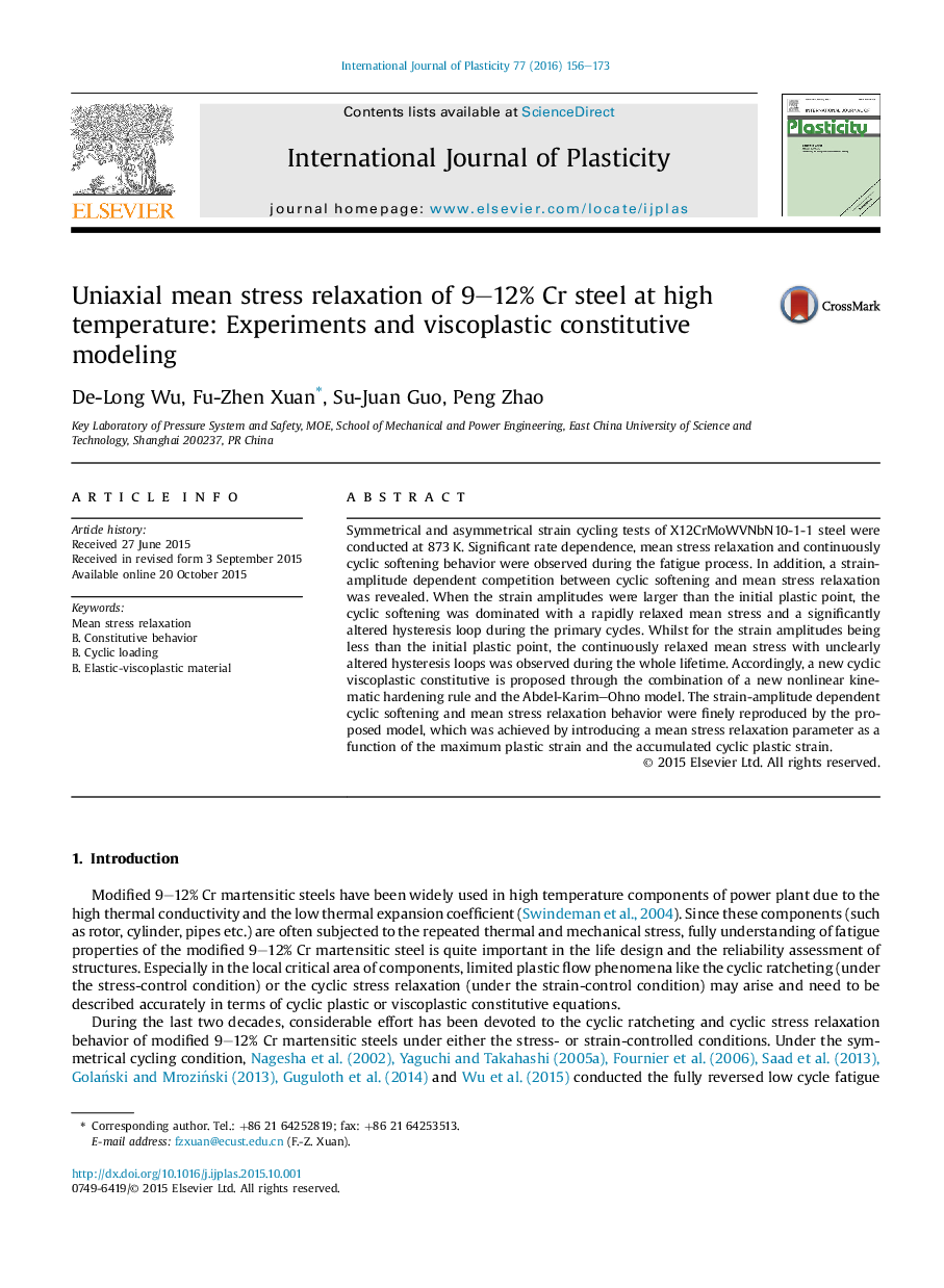 Uniaxial mean stress relaxation of 9-12% Cr steel at high temperature: Experiments and viscoplastic constitutive modeling