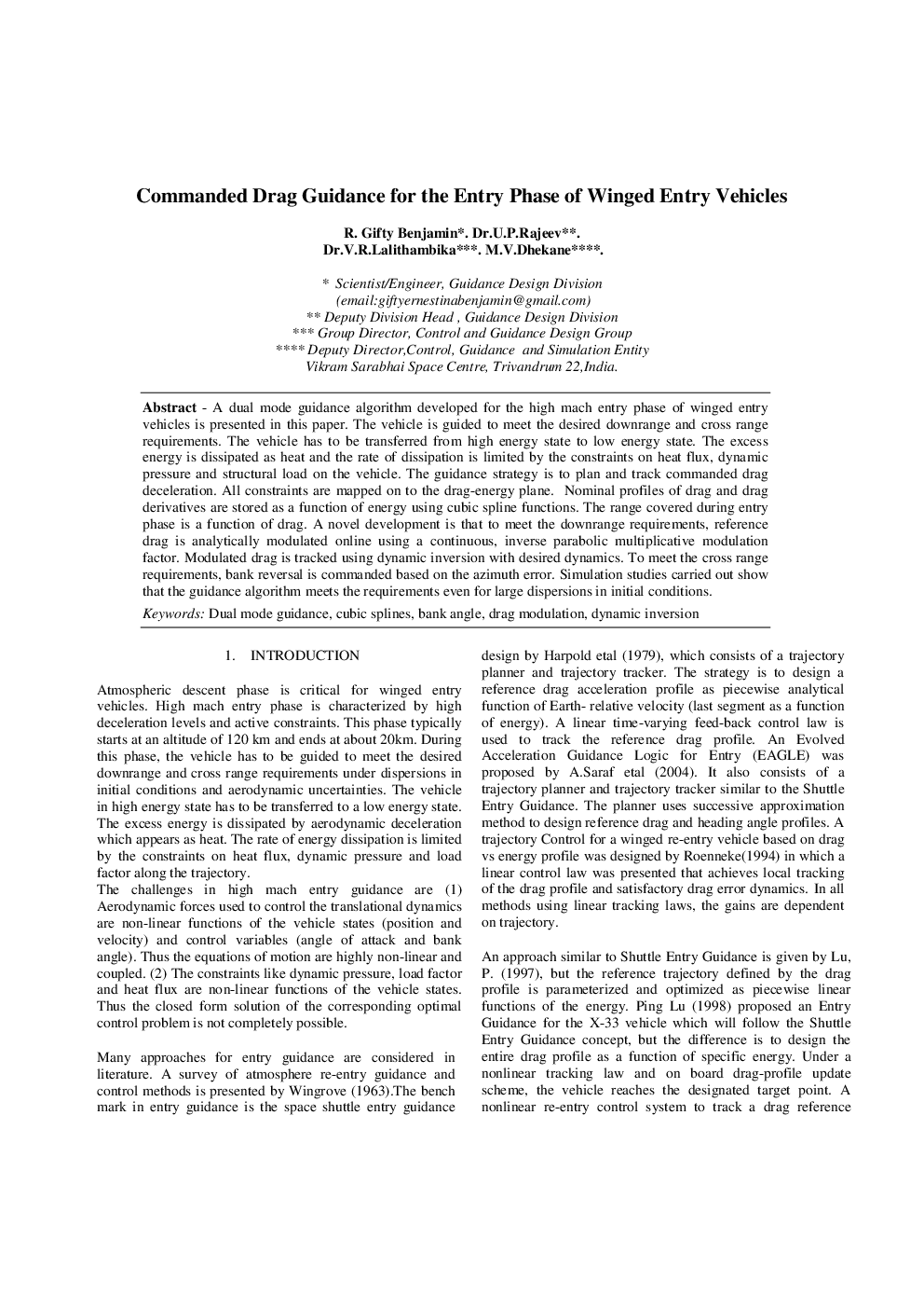 Commanded Drag Guidance for the Entry Phase of Winged Entry Vehicles