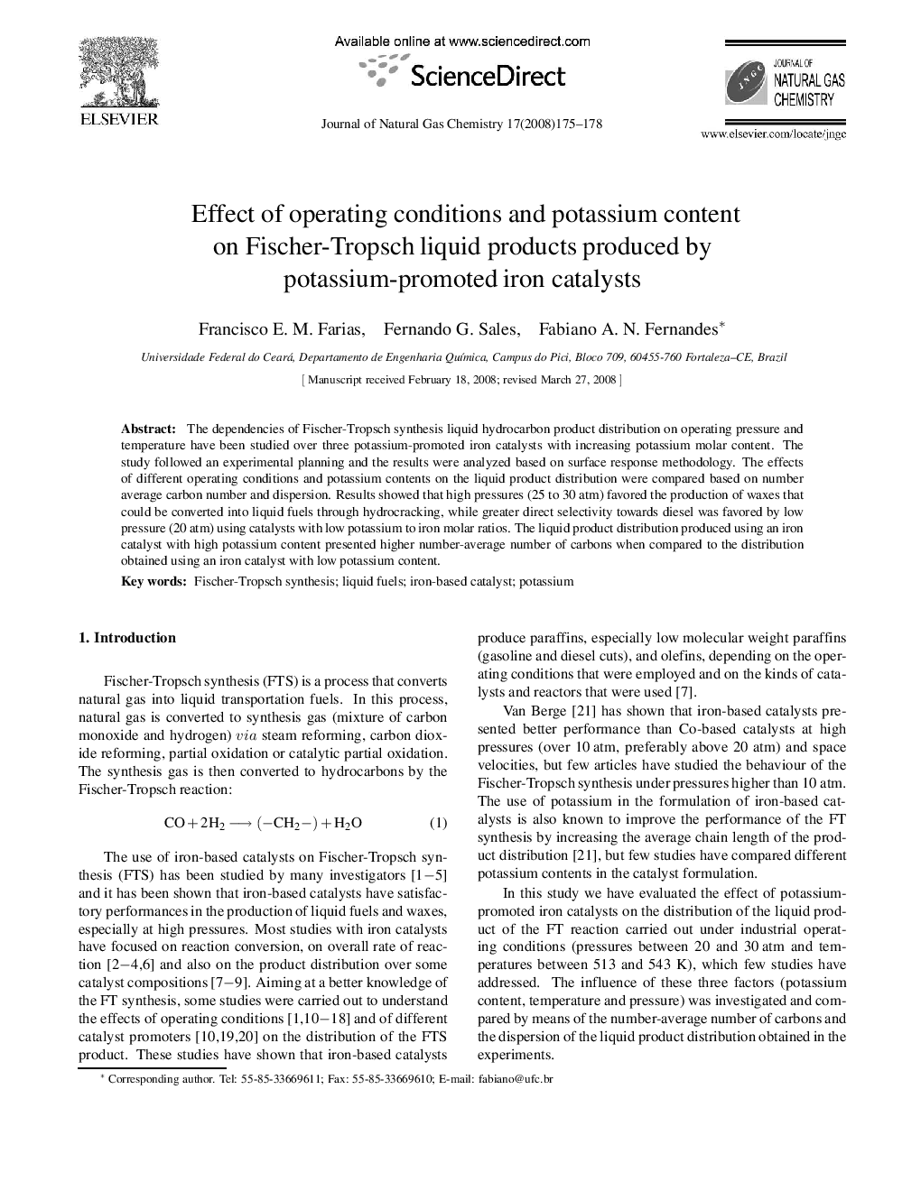 Effect of operating conditions and potassium content on Fischer-Tropsch liquid products produced by potassium-promoted iron catalysts