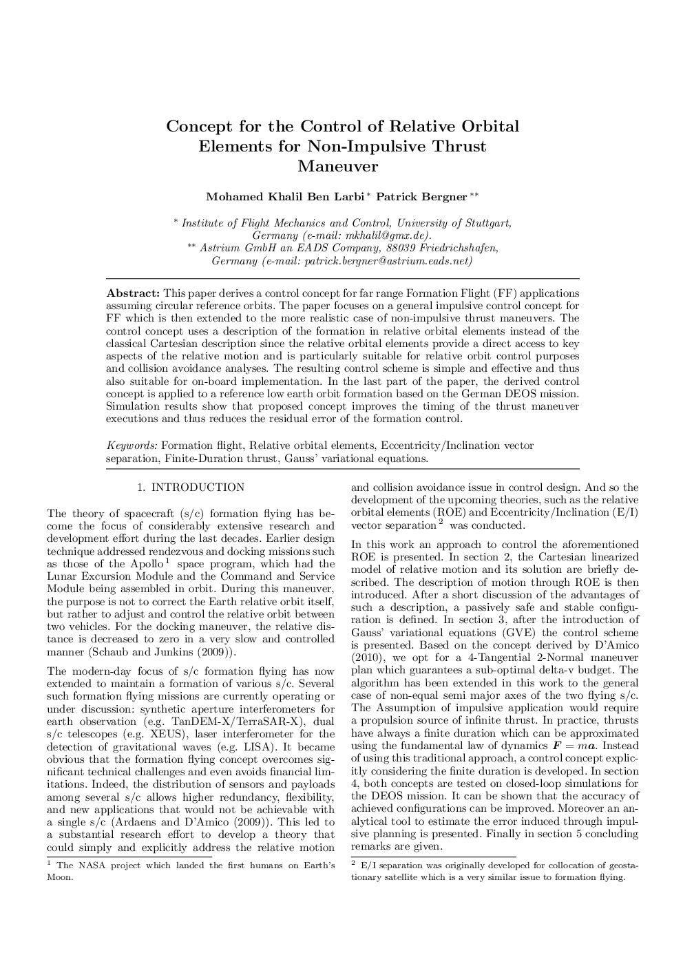 Concept for the Control of Relative Orbital Elements for Non-Impulsive Thrust Maneuver 