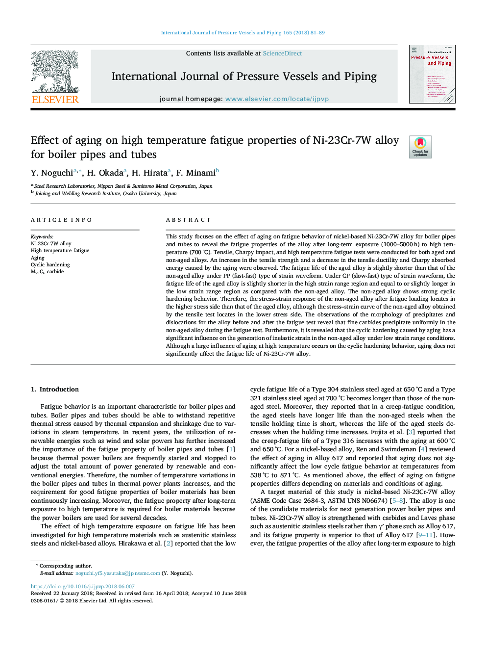 Effect of aging on high temperature fatigue properties of Ni-23Cr-7W alloy for boiler pipes and tubes