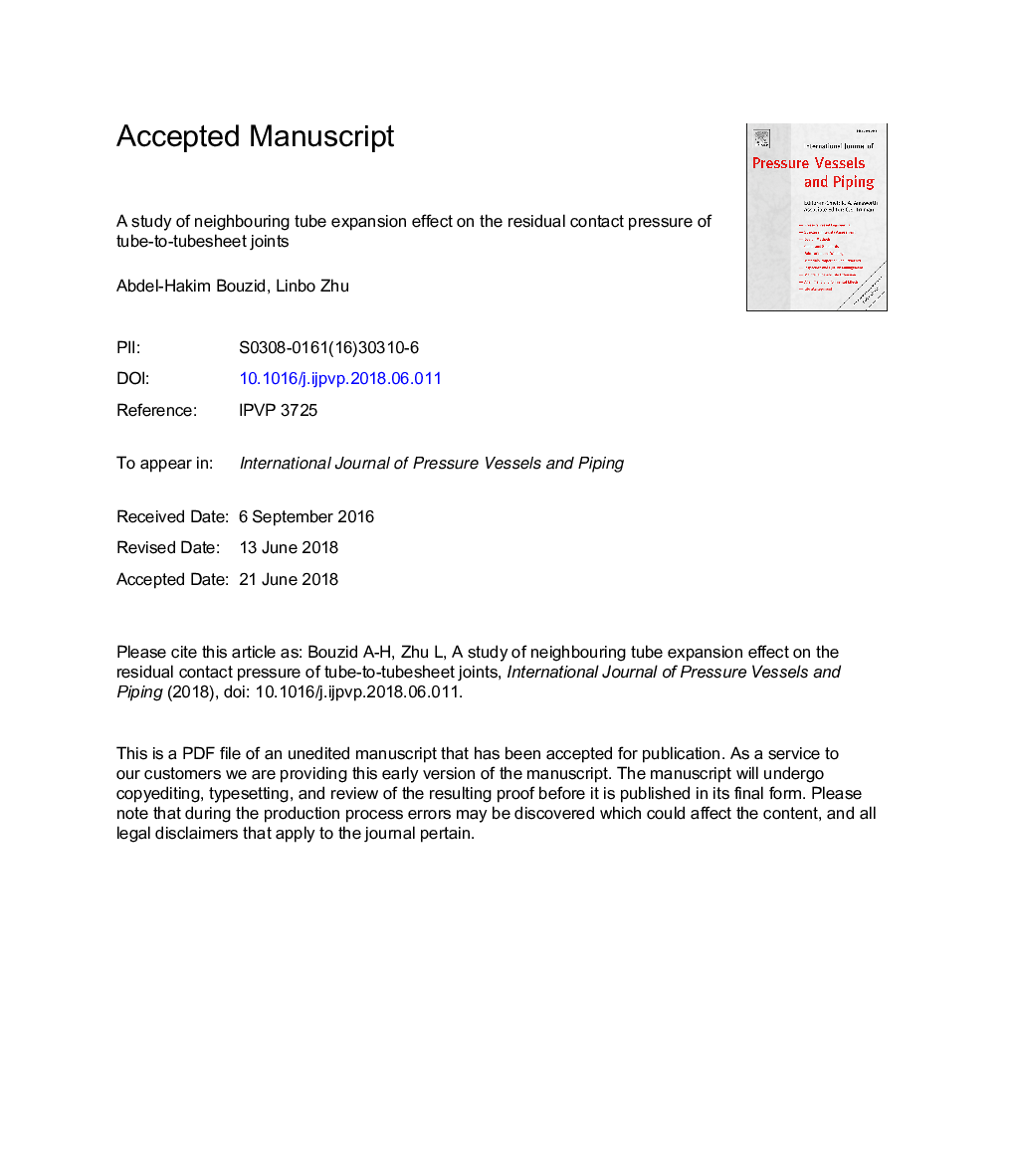 A study of neighbouring tube expansion effect on the residual contact pressure of tube-to-tubesheet joints