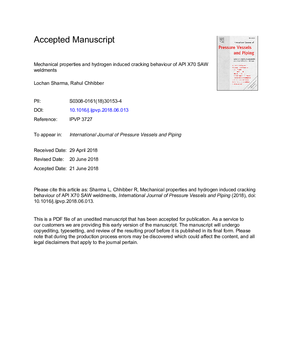 عکس صفحه اول مقاله: Mechanical properties and hydrogen induced cracking behaviour of API X70 SAW weldments Mechanical properties and hydrogen induced cracking behaviour of API X70 SAW weldments