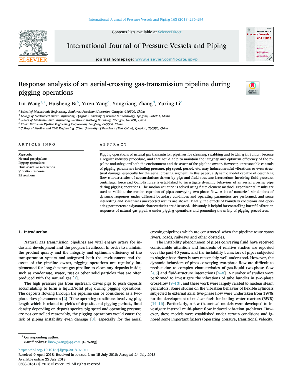 Response analysis of an aerial-crossing gas-transmission pipeline during pigging operations