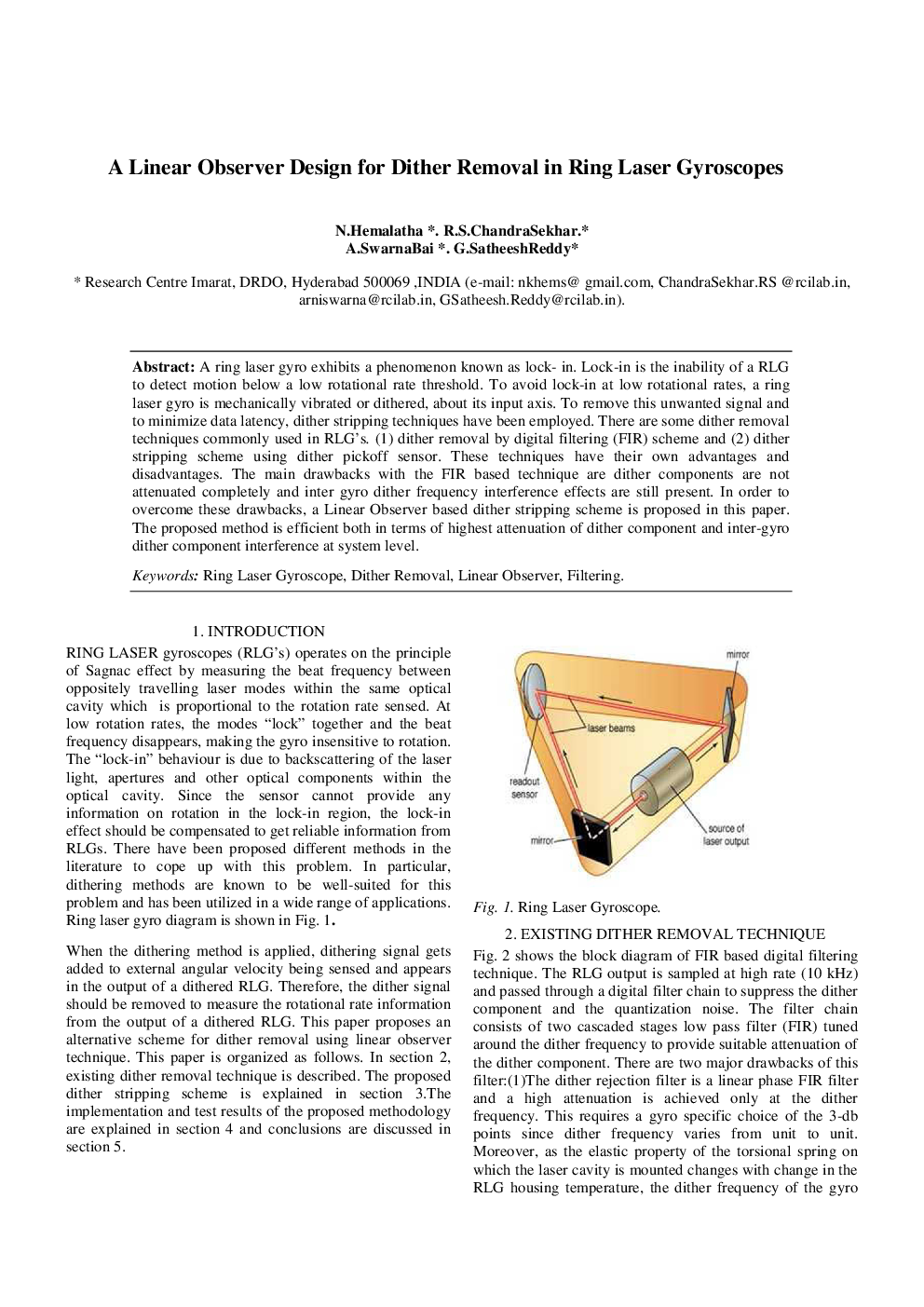 A Linear Observer Design for Dither Removal in Ring Laser Gyroscopes