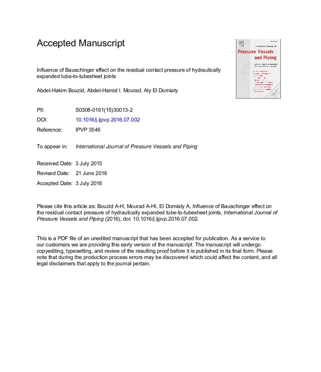 Influence of Bauschinger effect on the residual contact pressure of hydraulically expanded tube-to-tubesheet joints