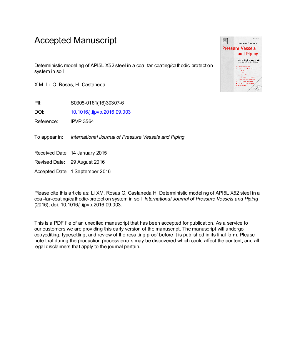 Deterministic modeling of API5L X52 steel in a coal-tar-coating/cathodic-protection system in soil