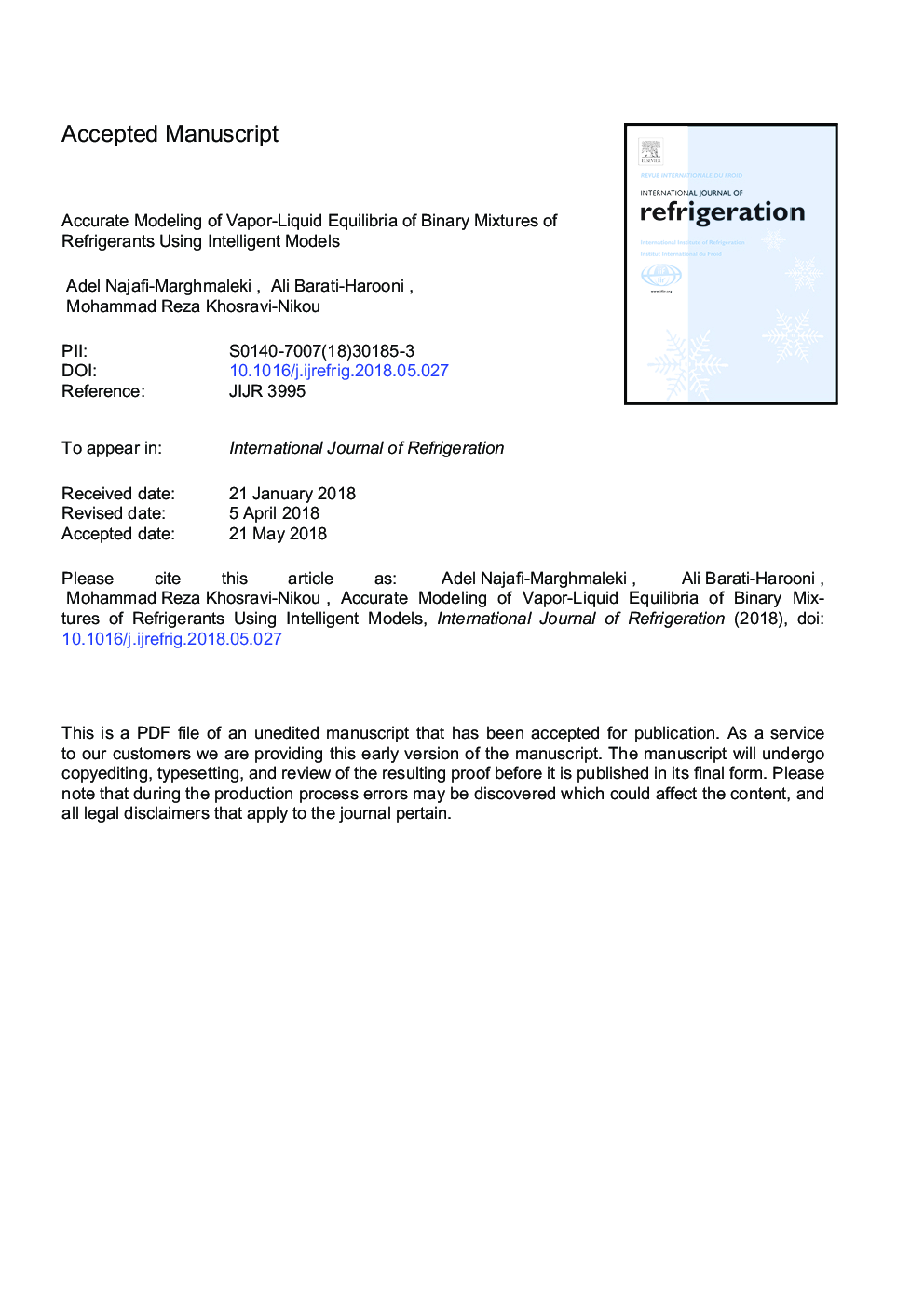 Accurate modeling of vapor-liquid equilibria of binary mixtures of refrigerants using intelligent models