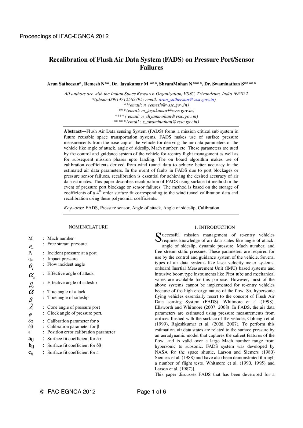 Recalibration of Flush Air Data System (FADS) on Pressure Port/Sensor Failures