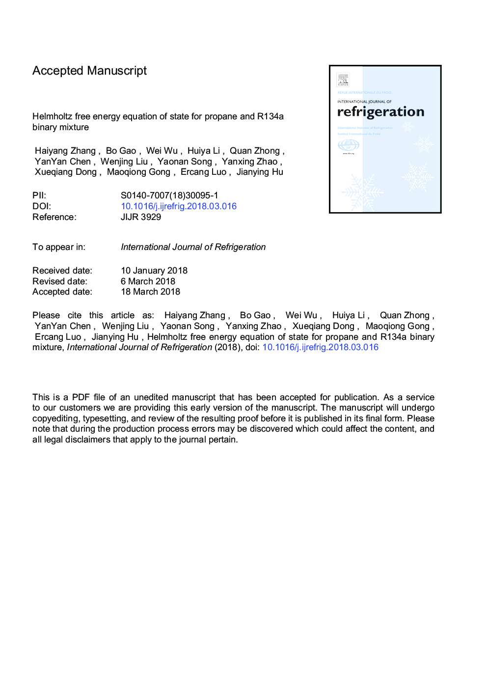 Helmholtz free energy equation of state for propane and R134a binary mixture