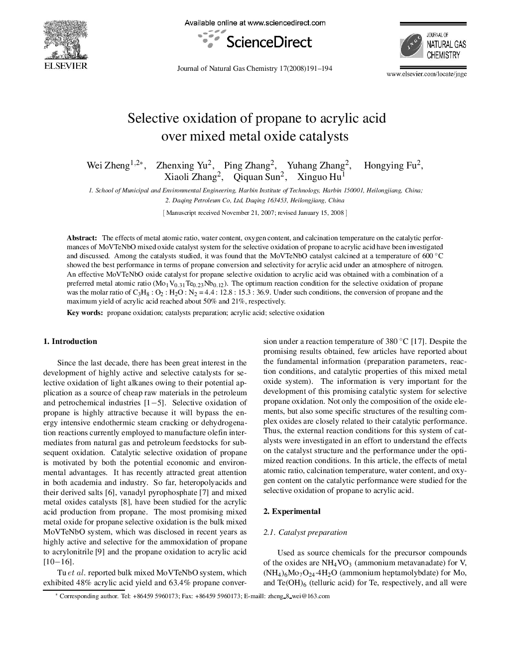 Selective oxidation of propane to acrylic acid over mixed metal oxide catalysts