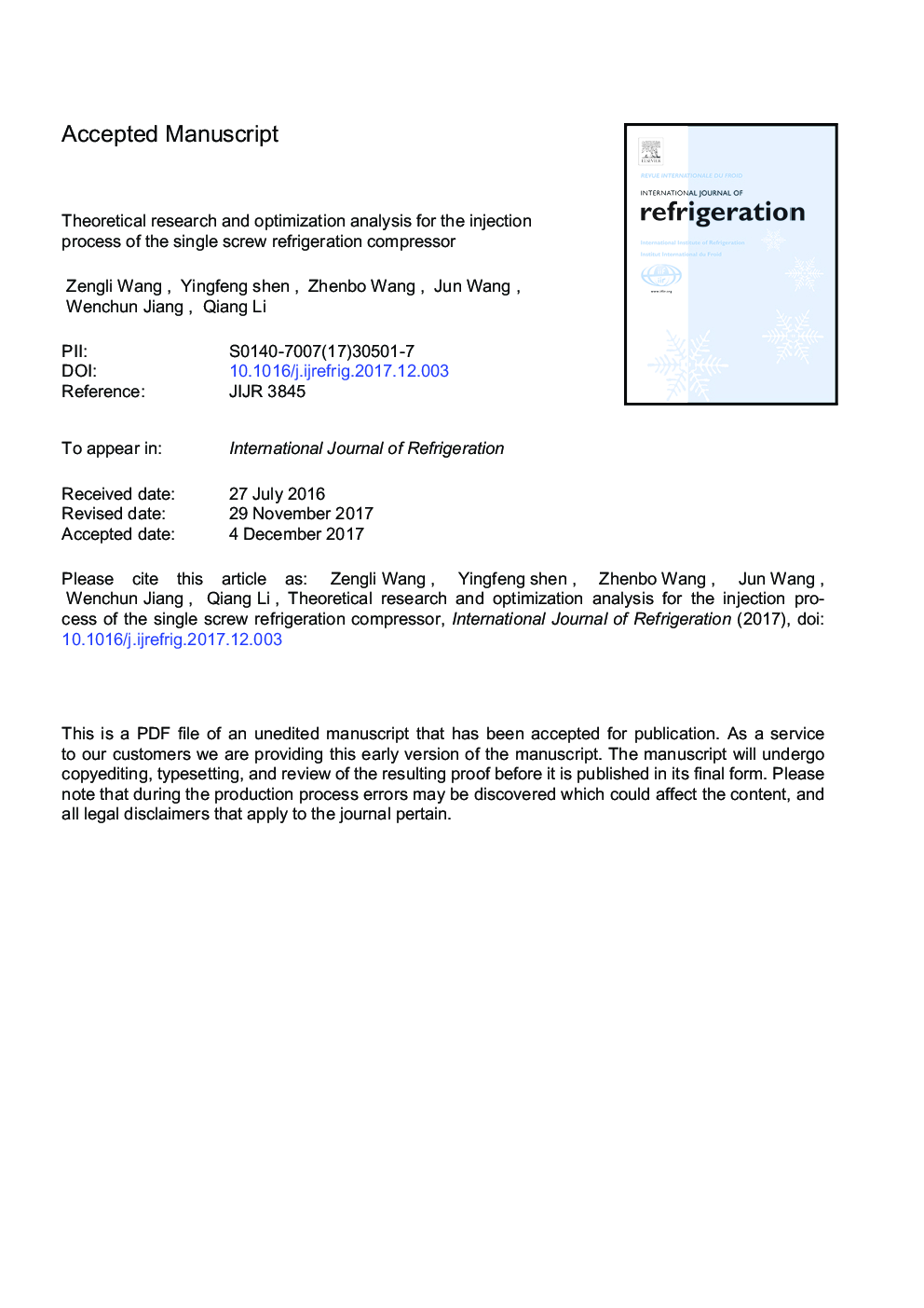 Theoretical research and optimization analysis for the injection process of the single screw refrigeration compressor