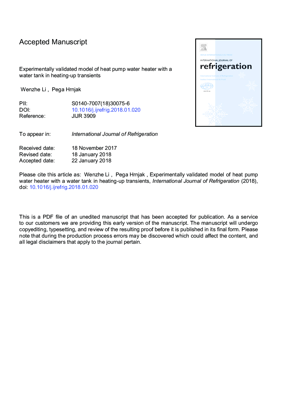 Experimentally validated model of heat pump water heater with a water tank in heating-up transients