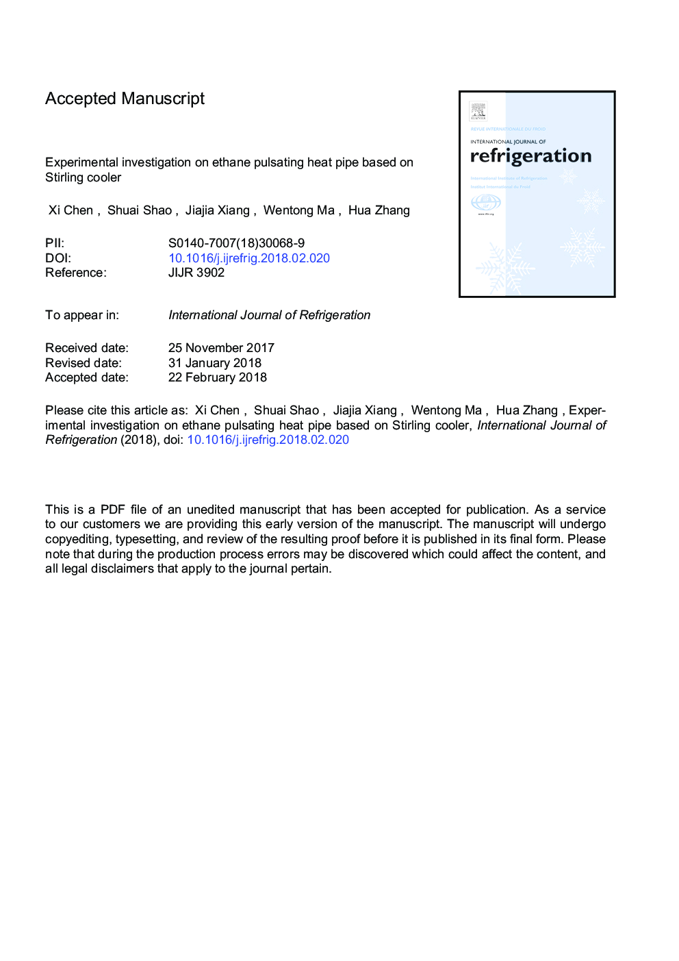 Experimental investigation on ethane pulsating heat pipe based on Stirling cooler