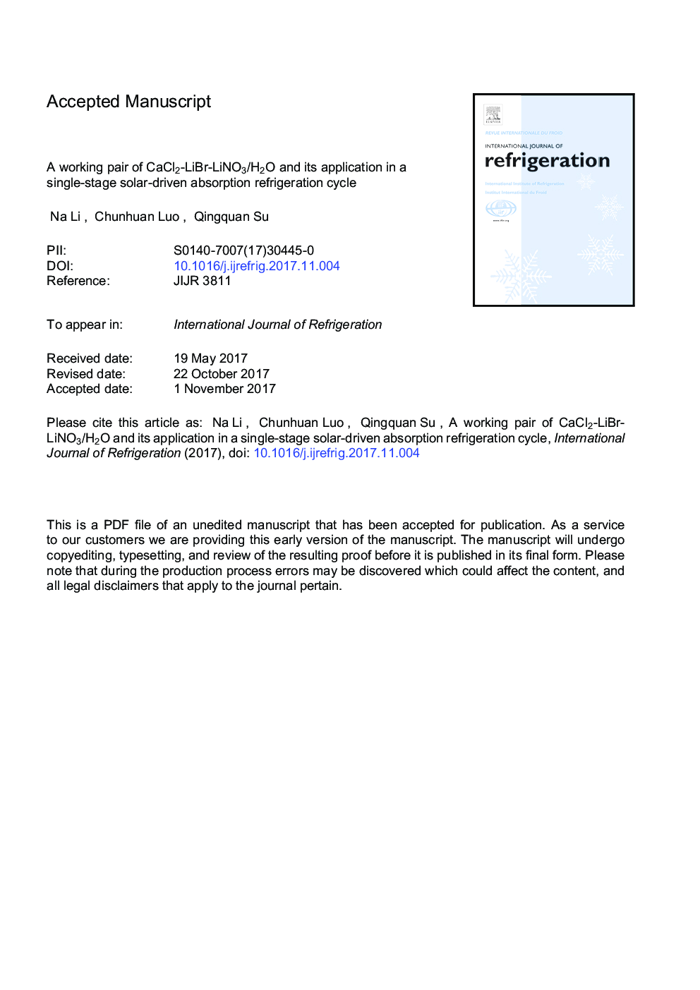 A working pair of CaCl2-LiBr-LiNO3/H2O and its application in a single-stage solar-driven absorption refrigeration cycle