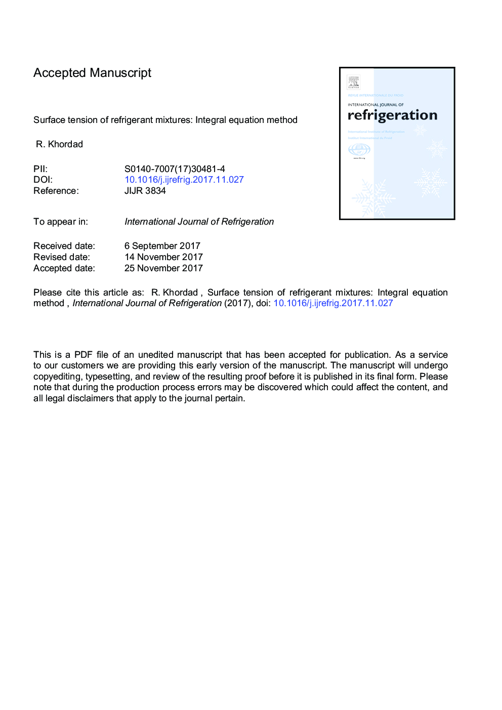 Surface tension of refrigerant mixtures: Integral equation method