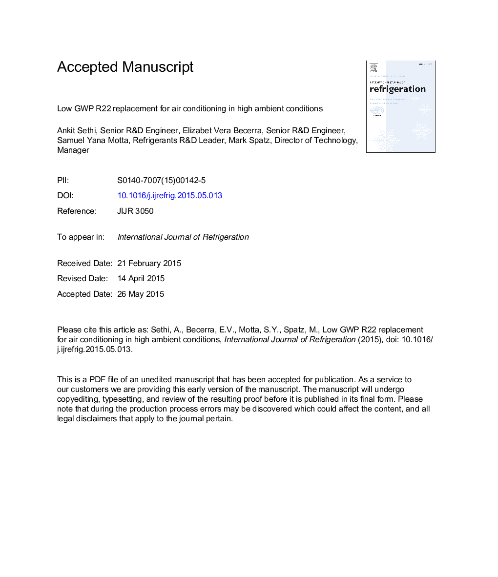 Low GWP R22 replacement for air conditioning in high ambient conditions