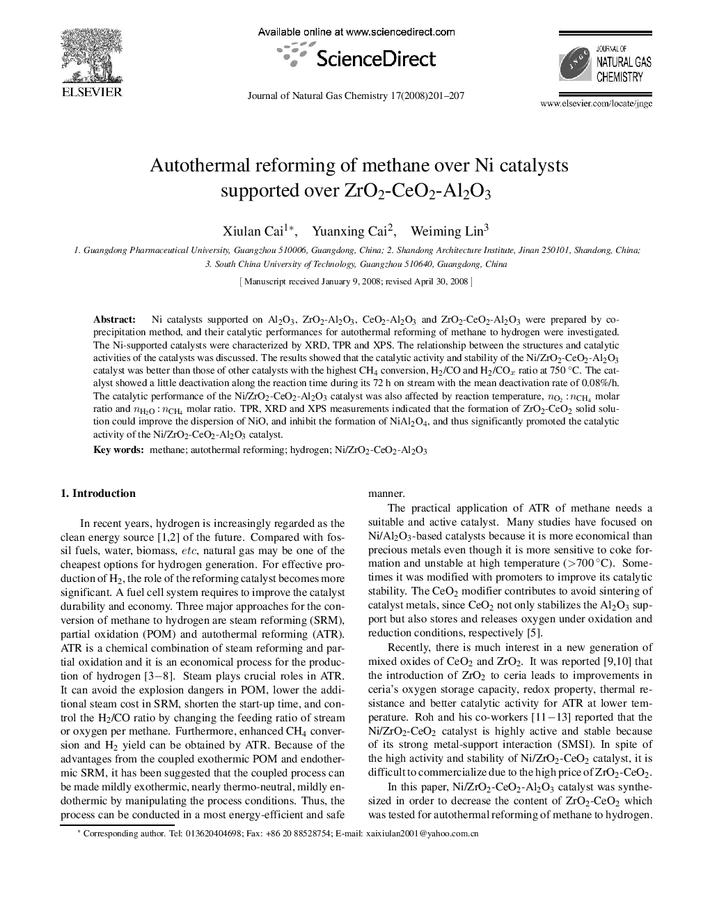Autothermal reforming of methane over Ni catalysts supported over ZrO2-CeO2-Al2O3