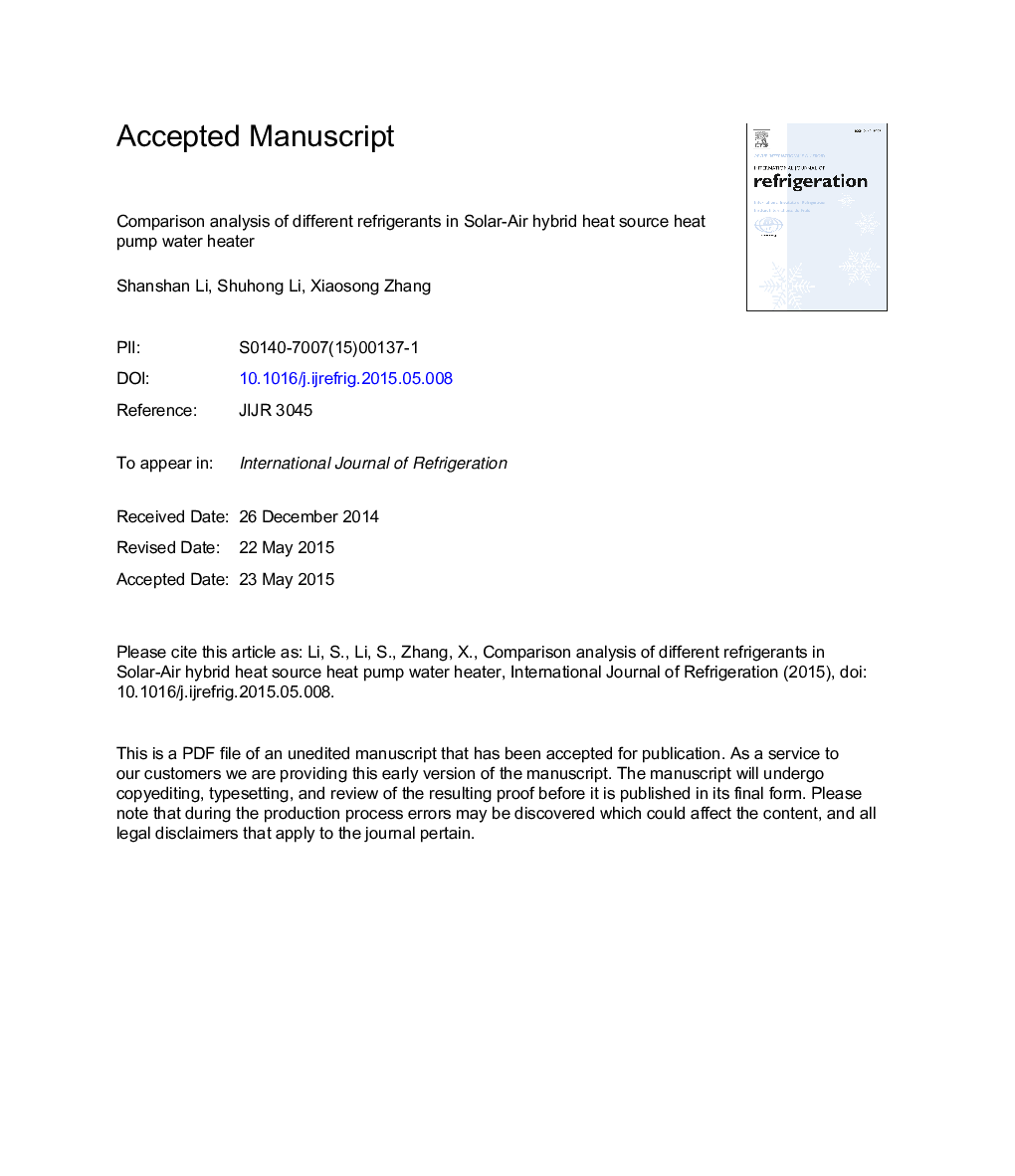 Comparison analysis of different refrigerants in solar-air hybrid heat source heat pump water heater