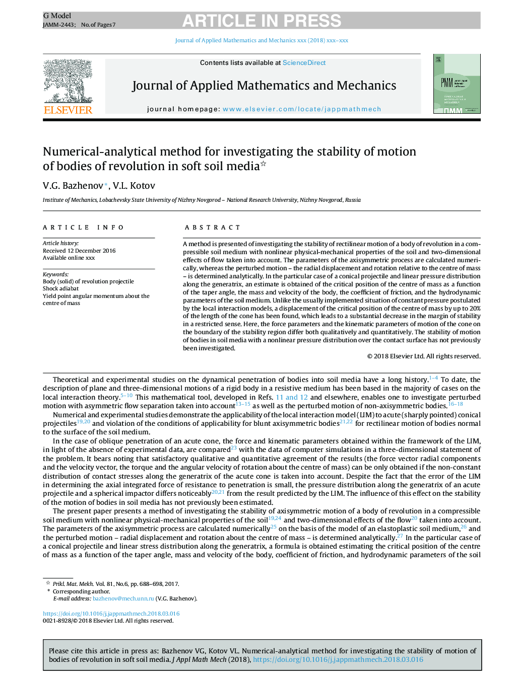 Numerical-analytical method for investigating the stability of motion of bodies of revolution in soft soil media