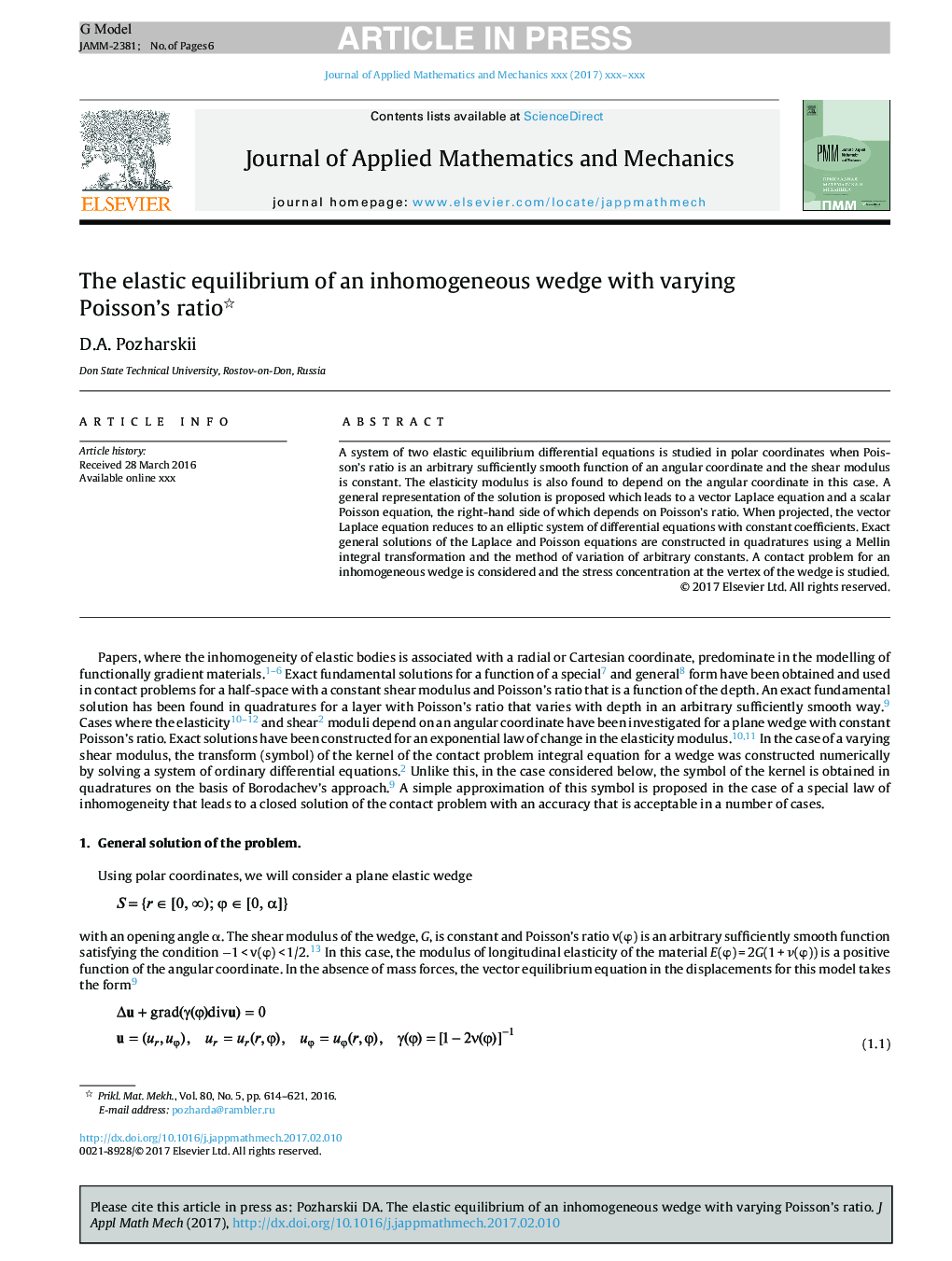 The elastic equilibrium of an inhomogeneous wedge with varying Poisson's ratio