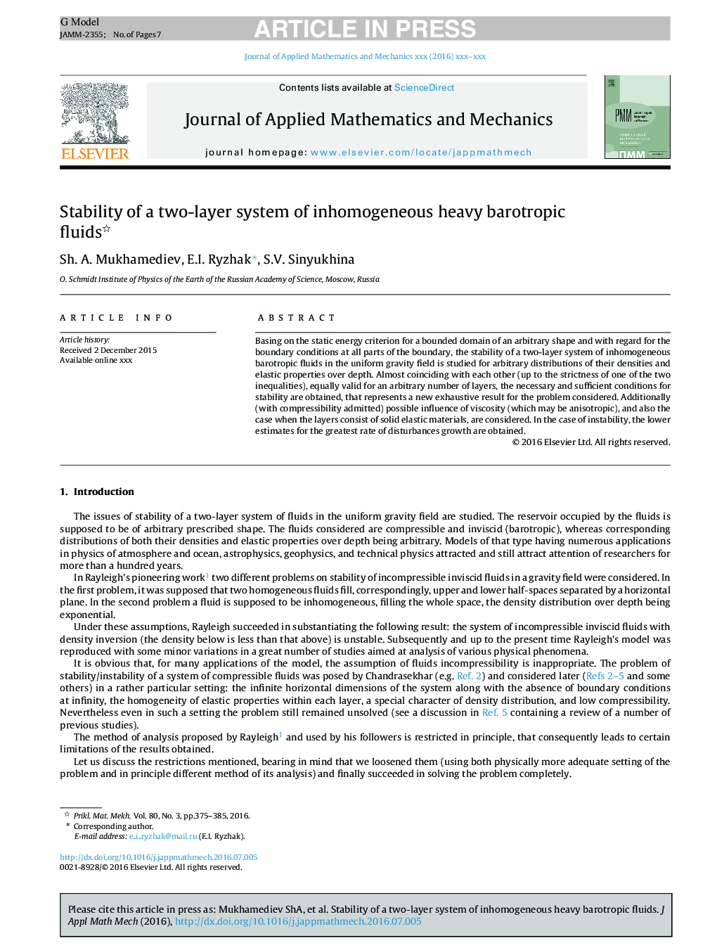 عکس صفحه اول مقاله: Stability of a two-layer system of inhomogeneous heavy barotropic fluids Stability of a two-layer system of inhomogeneous heavy barotropic fluids