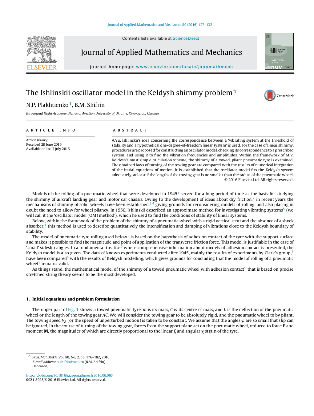 The Ishlinskii oscillator model in the Keldysh shimmy problem