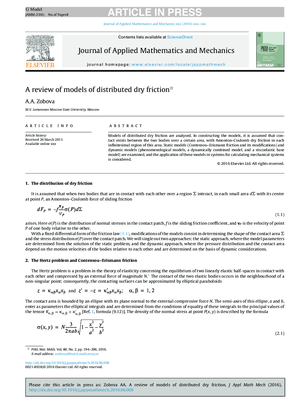 A review of models of distributed dry friction
