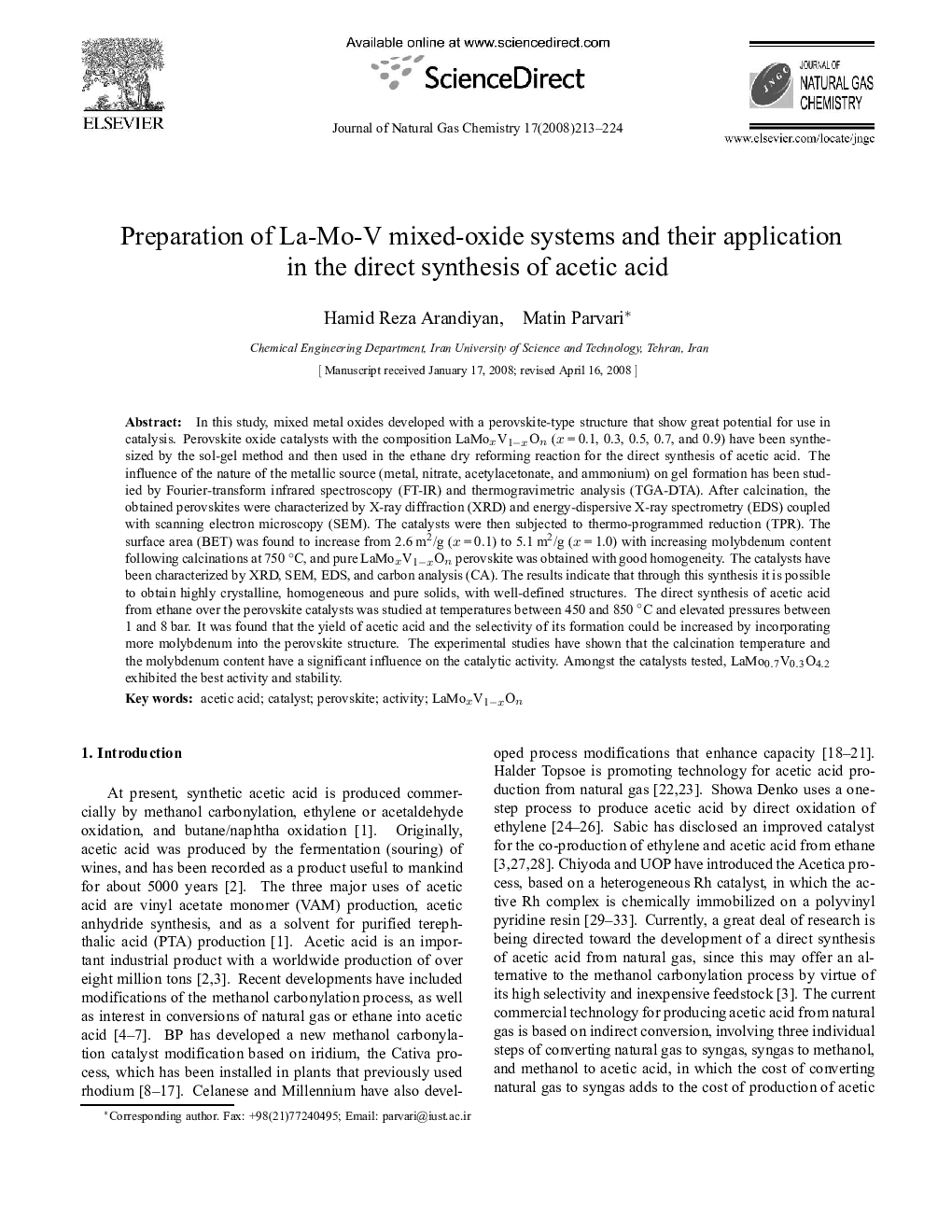 Preparation of La-Mo-V mixed-oxide systems and their application in the direct synthesis of acetic acid