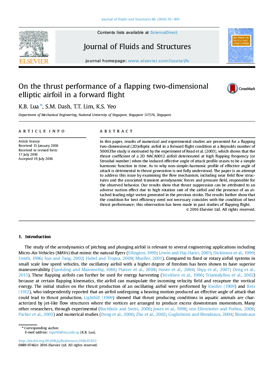 On the thrust performance of a flapping two-dimensional elliptic airfoil in a forward flight