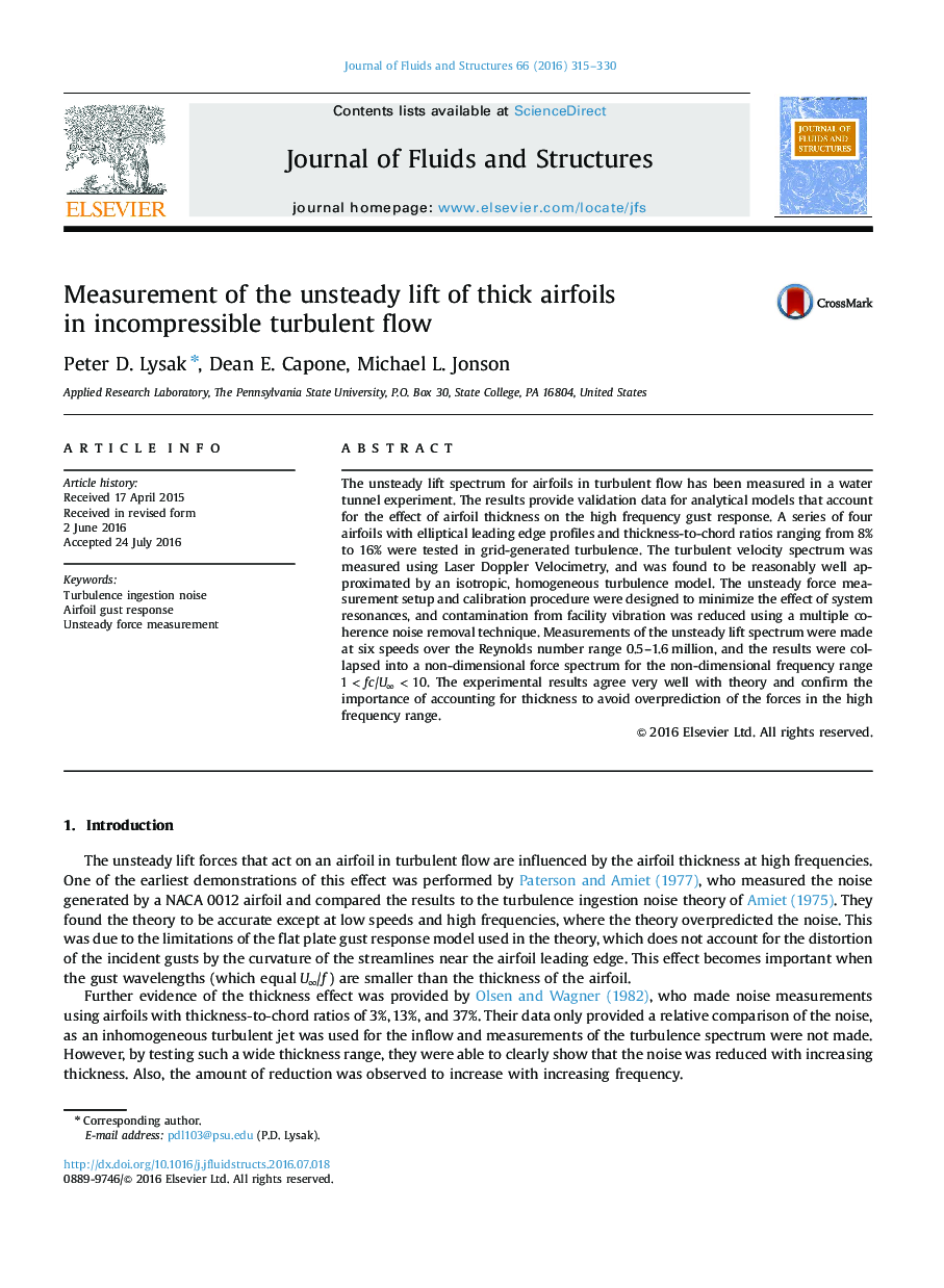 Measurement of the unsteady lift of thick airfoils in incompressible turbulent flow