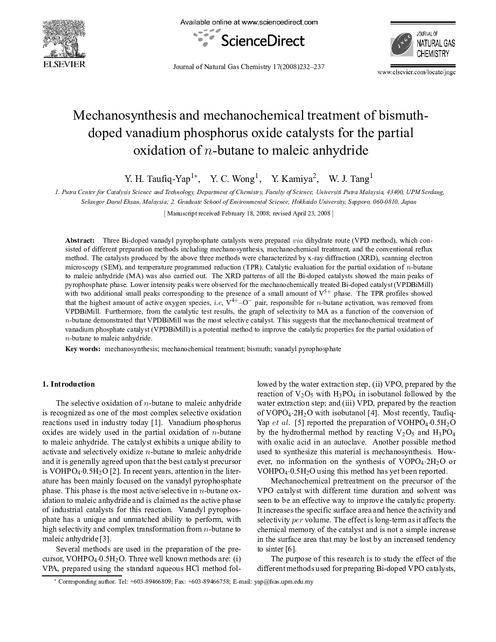 Mechanosynthesis and mechanochemical treatment of bismuth-doped vanadium phosphorus oxide catalysts for the partial oxidation of n-butane to maleic anhydride