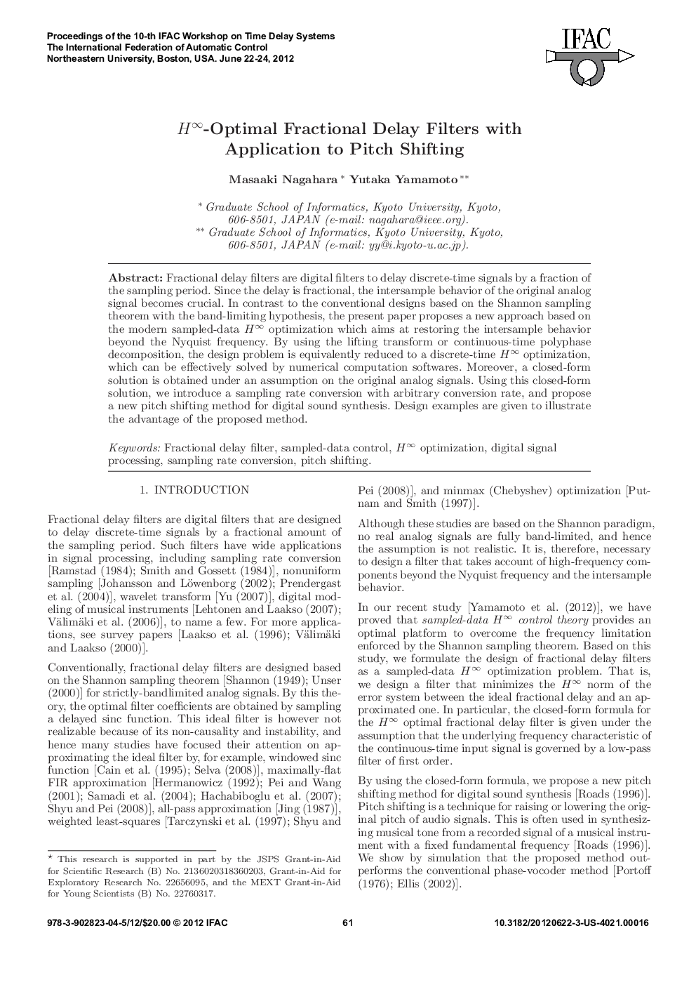 H∞-Optimal Fractional Delay Filters with Application to Pitch Shifting*
