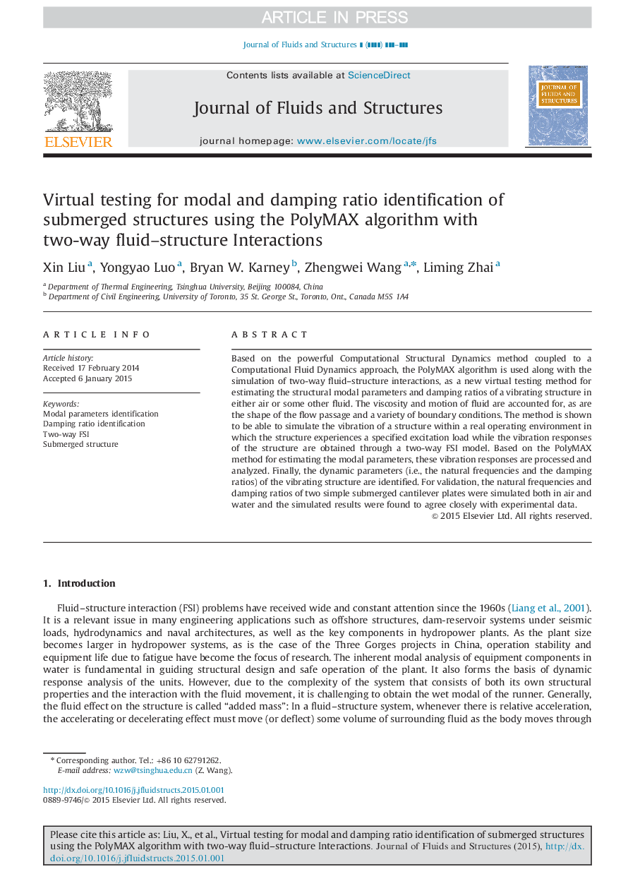 Virtual testing for modal and damping ratio identification of submerged structures using the PolyMAX algorithm with two-way fluid-structure Interactions