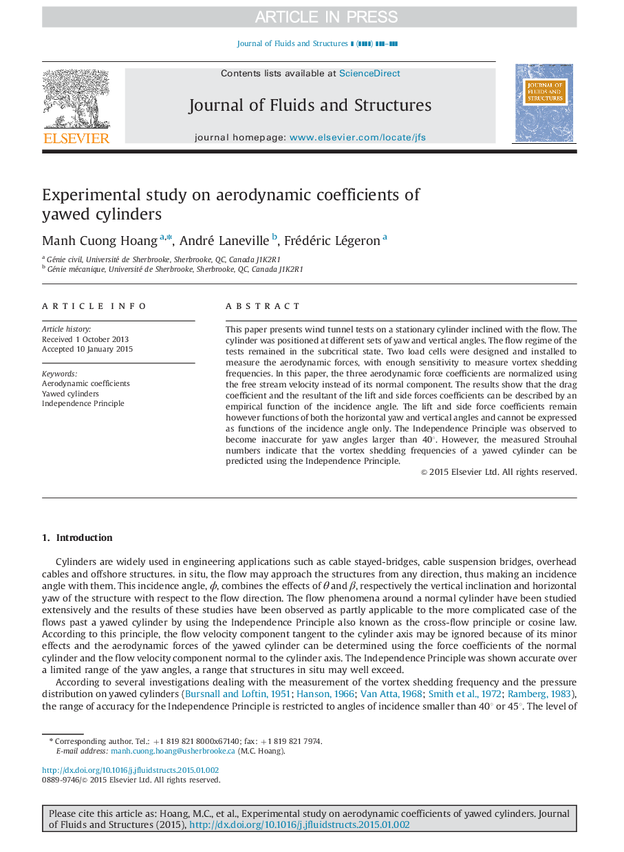 Experimental study on aerodynamic coefficients of yawed cylinders