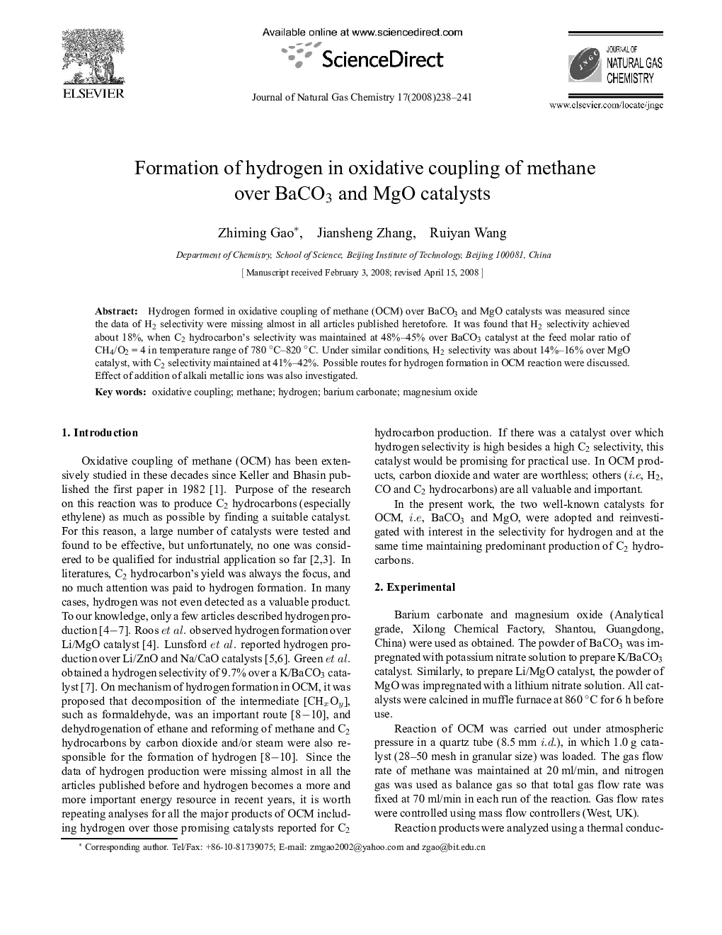 Formation of hydrogen in oxidative coupling of methane over BaCO3 and MgO catalysts