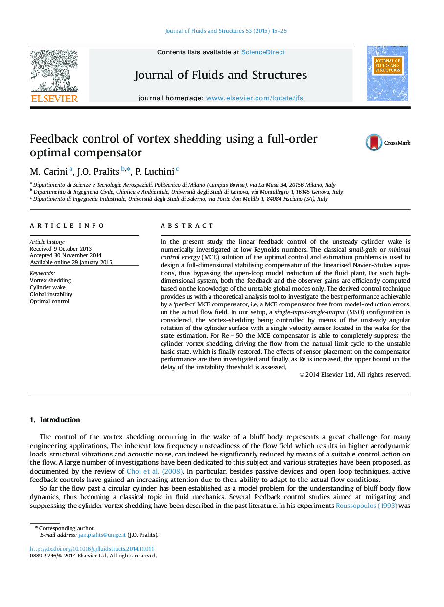 Feedback control of vortex shedding using a full-order optimal compensator