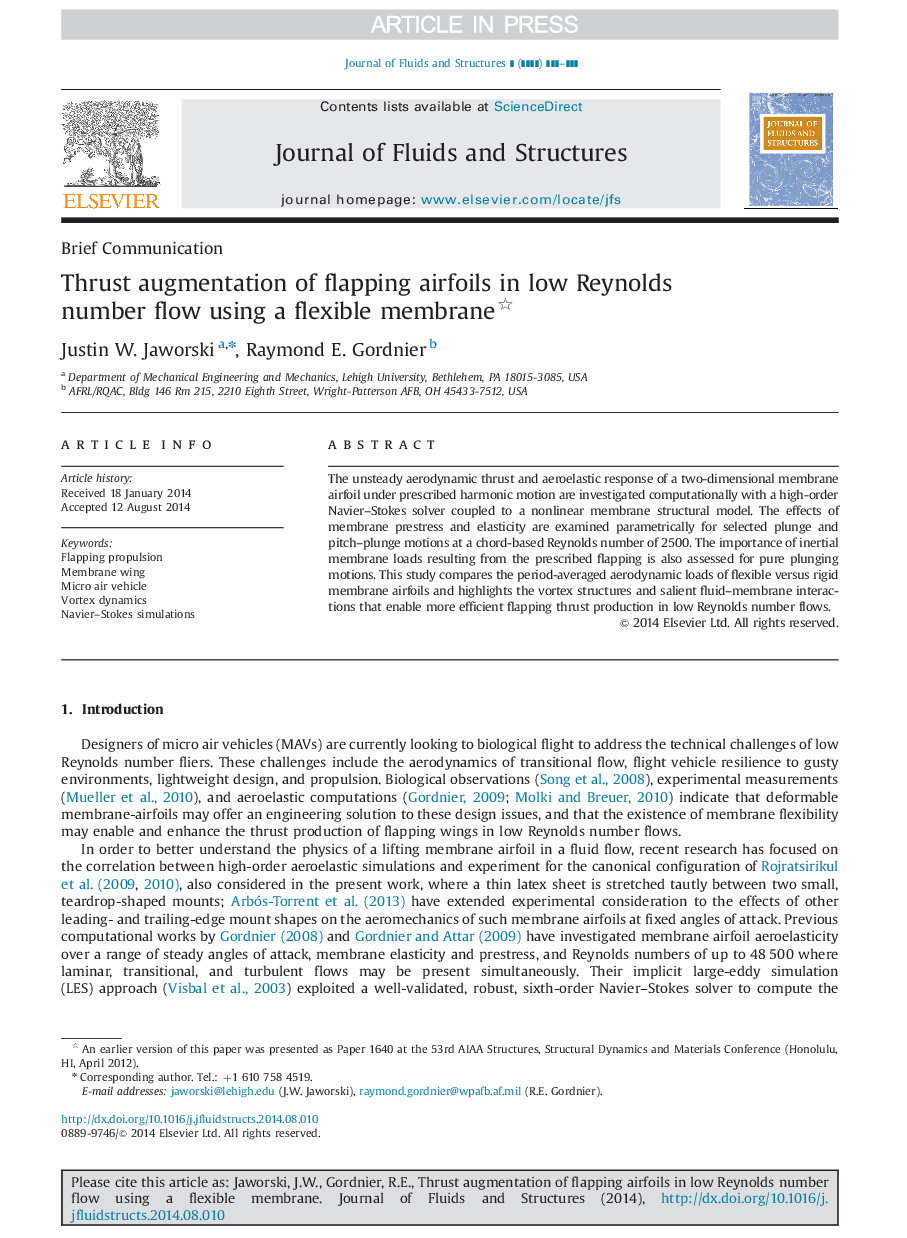 Thrust augmentation of flapping airfoils in low Reynolds number flow using a flexible membrane