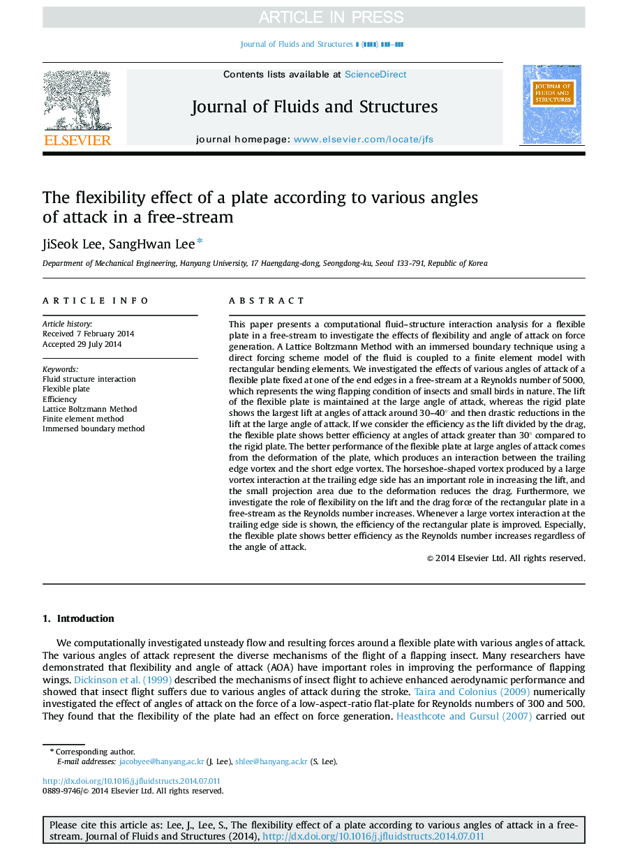 The flexibility effect of a plate according to various angles of attack in a free-stream